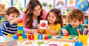 EYFS activities for preschoolers with colourful blocks, painting and shape matching games
