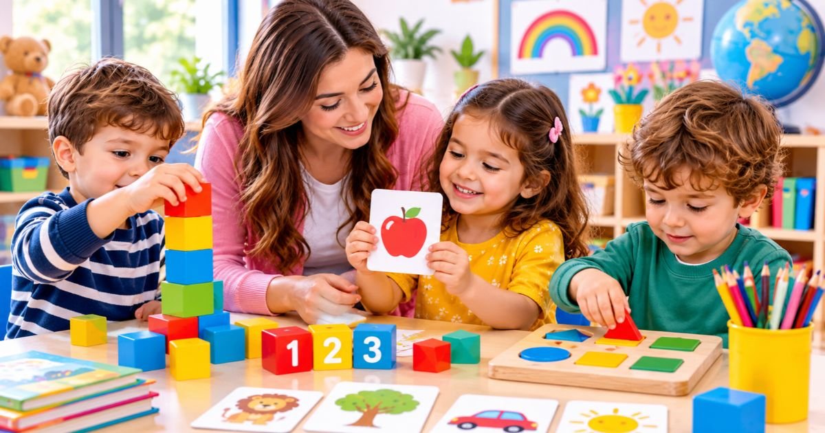 EYFS activities for preschoolers with colourful blocks, painting and shape matching games
